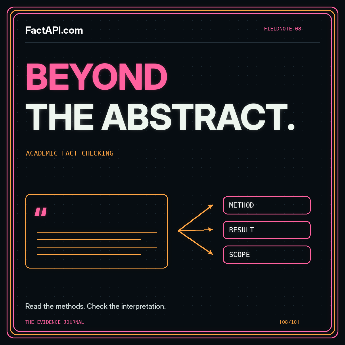 Neon Beyond the Abstract typography with a research passage connected to method, result, and scope.