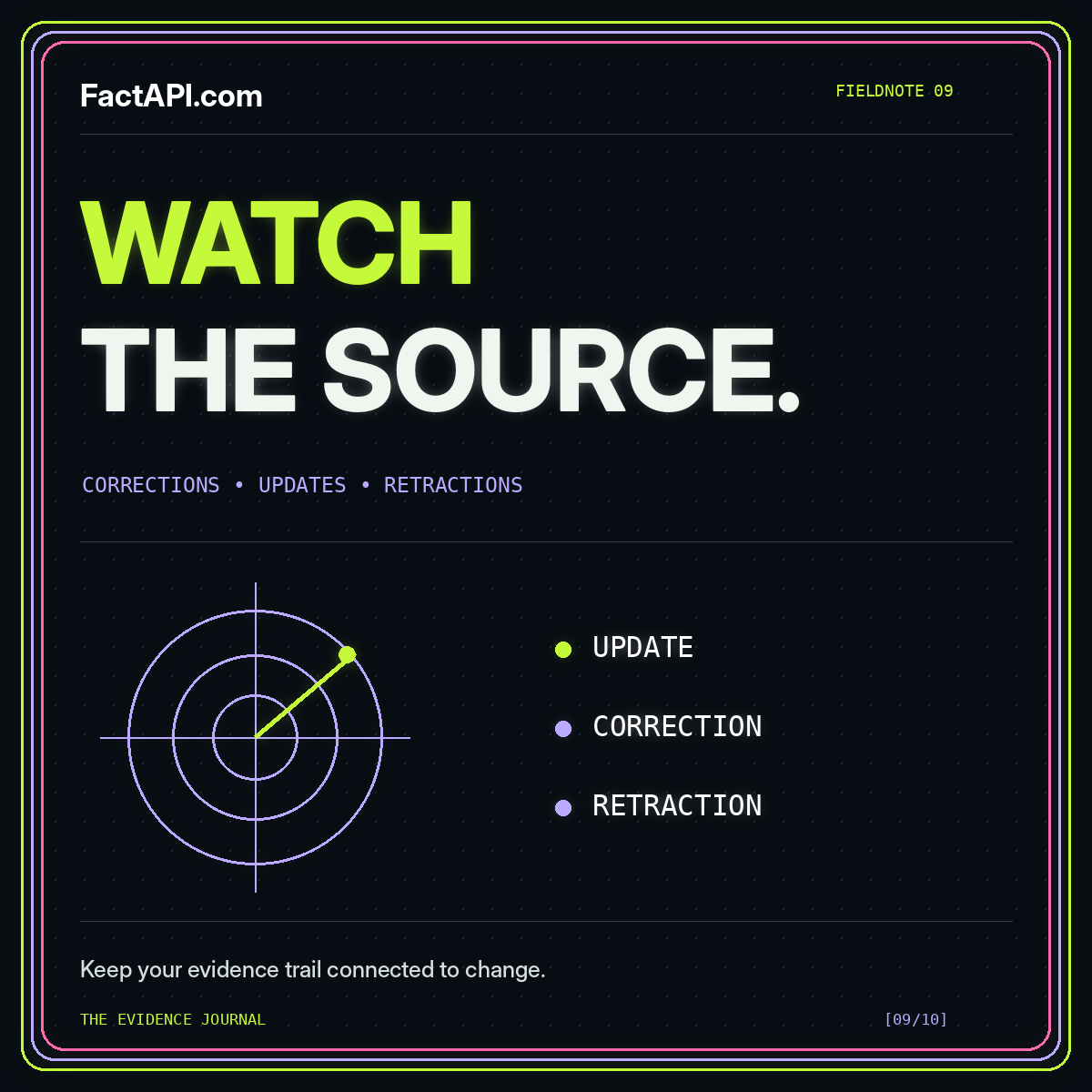 Neon Watch the Source typography above a radar and update, correction, and retraction signals.