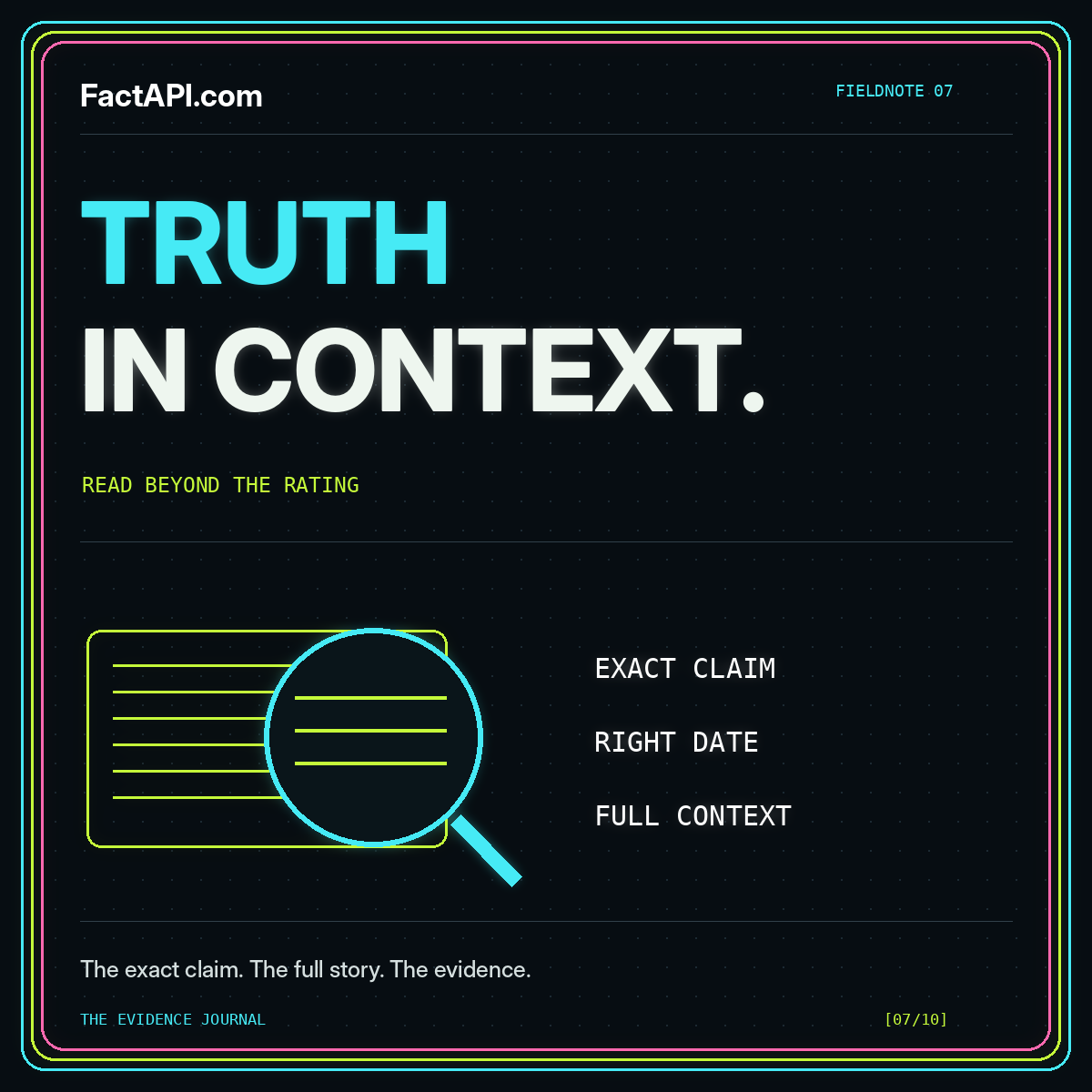 Neon Truth in Context typography with a magnifying glass and exact claim, right date, and full context labels.