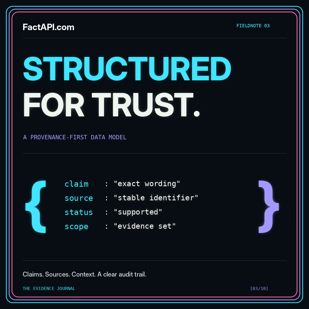 Neon Structured for Trust typography above a JSON-style claim, source, status, and scope record.